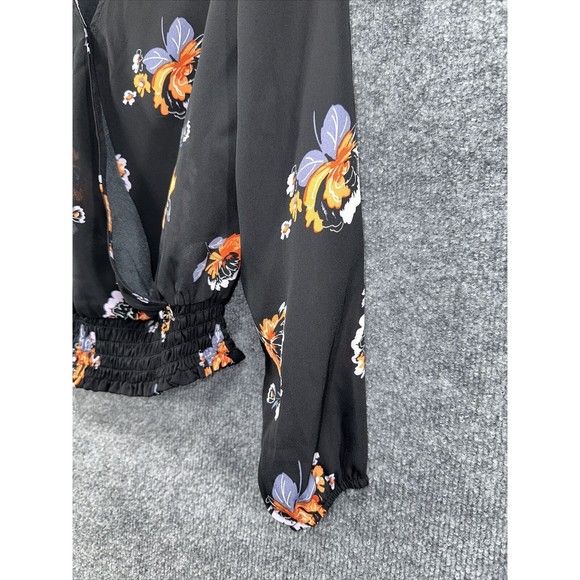 Socialite Blouse Women's Sz S Floral Wrap Black Long‎ Sleeve Elastic Chiffon Top - Picture 2 of 10